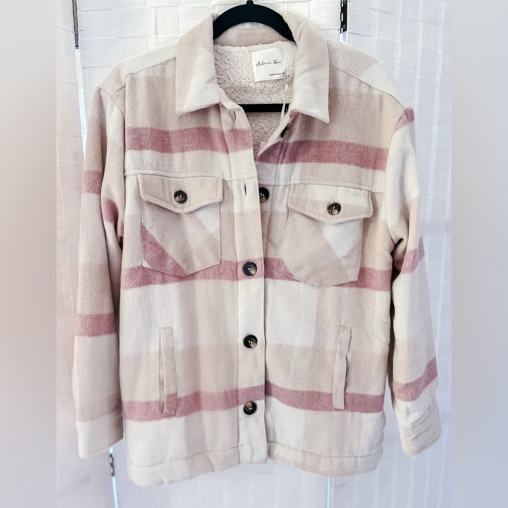 Large Active Basic Flannel Sherpa Lined Shacket - Pink/Ivory